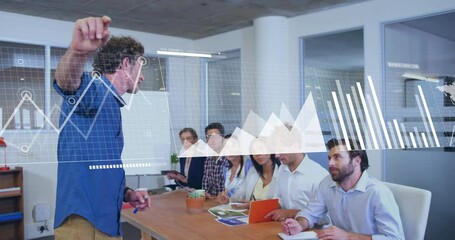 Poster - Business presentation with data analytics animation over diverse team in office