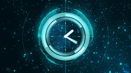 Poster - Futuristic digital clock animation with glowing blue lights and abstract patterns
