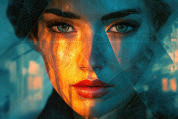 Poster - Close-up portrait of a woman's face, overlaid with a geometric pattern, bathed in warm and cool light.