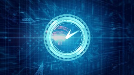 Poster - Digital clock animation on blue tech background with futuristic data patterns