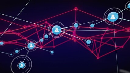 Poster - Animation of connected user icons over digital red and blue geometric lines