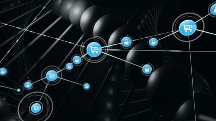Poster - Animation of shopping cart and lock icons on DNA strand background