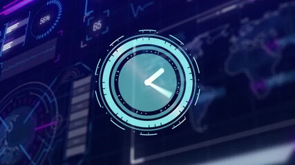 Poster - Futuristic clock animation over digital interface with graphs and world map