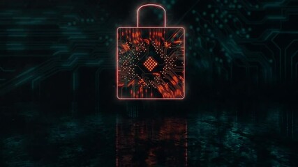 Poster - Digital padlock glowing with circuit patterns over dark animation background