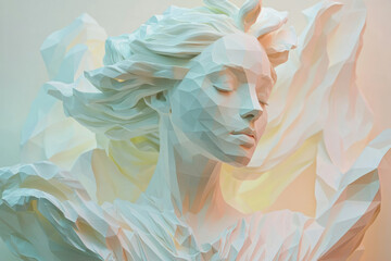 Poster - Serene polygonal sculpture of a woman with flowing hair, capturing ethereal beauty and tranquility.