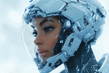 Poster - A futuristic woman's face is partially visible through a sleek, high-tech helmet.