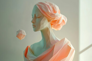 Poster - Serene polygonal bust of a woman, pastel hues, minimalist art, calm expression.