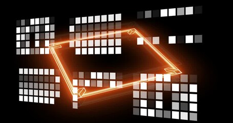 Poster - Glowing orange geometric shape with digital animation patterns on black background