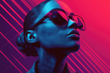Poster - Wireframe portrait of a woman wearing sunglasses, vibrant neon colors, futuristic aesthetic.