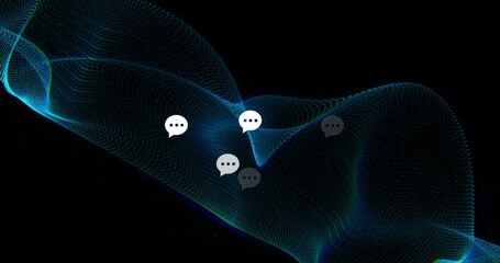 Poster - floating chat bubbles over digital wave pattern with animation on black background