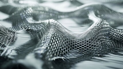 Metallic silver abstract waves create a visually dynamic composition