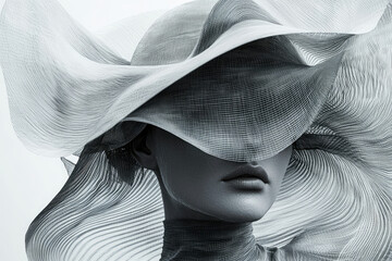 Poster - A grayscale portrait of a woman partially obscured by a large, flowing, textured hat.