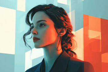 Poster - A stylized portrait of a woman with dark, wavy hair, illuminated by warm orange light against a teal geometric backdrop.