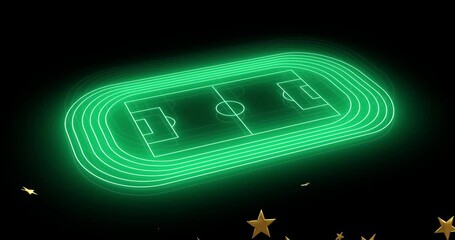 Poster - animation of glowing green soccer field with stars on black background