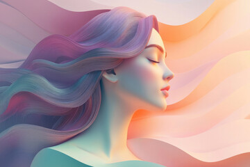 Poster - Serene digital art depicting a woman with flowing, pastel-colored hair against a soft, wave-like background.