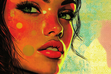 Aufkleber - Close-up vibrant portrait of a woman, stylized with bold colors and halftone texture.
