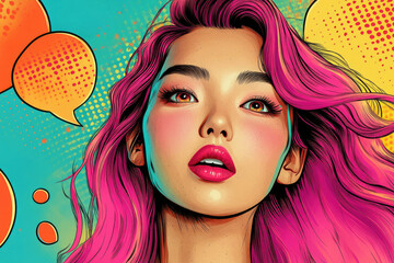 Poster - A vibrant pop art portrait of a woman with pink hair,  surrounded by speech bubbles on a colorful background.