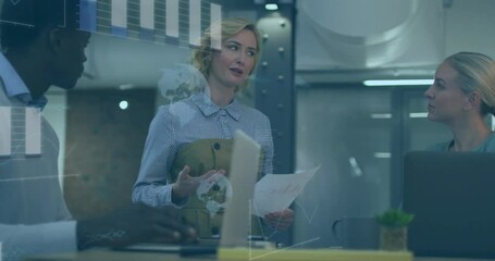 Poster - Discussing strategy, business team analyzing data with animation overlay in office