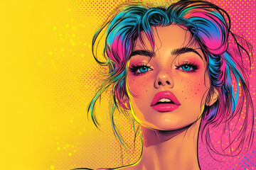 Poster - Vibrant pop art illustration of a woman with colorful hair and freckles, against a yellow background.