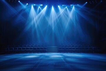 Wall Mural - Empty theater stage illuminated by blue spotlights, rows of seats await the performance.