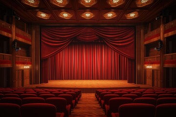 Wall Mural - Empty theater with red velvet curtains and wooden architecture, awaiting a performance.