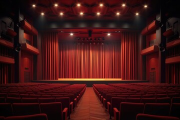 Wall Mural - An empty theater with red velvet curtains and rows of seats awaits a performance.