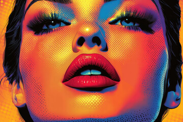 Poster - Vibrant portrait of a woman's face, bold makeup, and a pop art style.