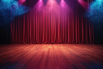 Wall Mural - A dimly lit stage with red velvet curtains and a wooden floor, ready for a performance.