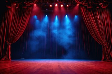 Wall Mural - A dark stage with red curtains, blue lighting, and a wooden floor, ready for a performance.