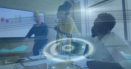 Poster - In office, team discussing data using digital interface with animation overlay
