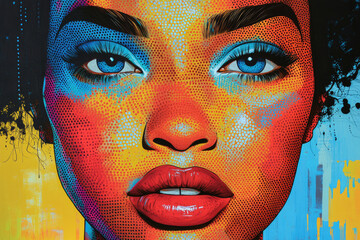 Poster - Vibrant portrait of a woman with striking blue eyes and bold red lips, rendered in a pointillist style with a mix of warm and cool colors.