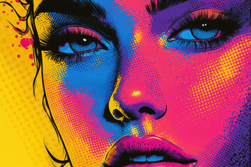 Poster - Vibrant pop art portrait of a woman's face, showcasing bold colors and halftone dots.