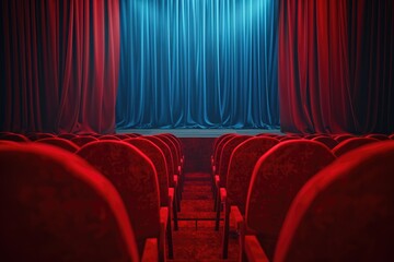 Wall Mural - Empty theater seats facing a stage with red and blue curtains, awaiting a performance.