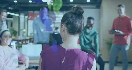 Poster - Diverse team collaborating in modern office with digital data overlay animation