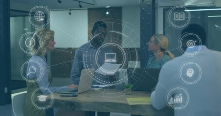 Poster - Diverse team collaborating at office with digital data processing animation overlay