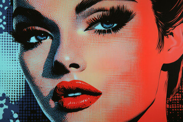 Poster - Close-up pop art portrait of a woman's face, showcasing bold makeup and vibrant colors.