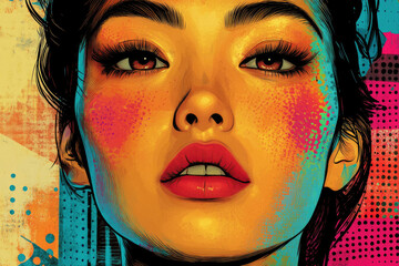 Poster - Vibrant portrait of a woman's face, splashed with colorful paint, bold makeup.