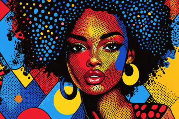 Poster - Vibrant pop art portrait of a Black woman with an afro, bold colors and halftone dots.