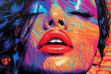 Poster - Vibrant close-up of a woman's face, rendered in bold, colorful stripes and curves.