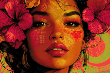 Poster - Vibrant portrait of a woman adorned with hibiscus flowers, showcasing intricate details and warm, rich colors.