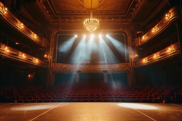 Wall Mural - Empty theater stage illuminated by spotlights, awaiting a performance. Grand, opulent architecture.
