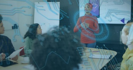 Poster - Diverse team in meeting with digital data processing animation overlay