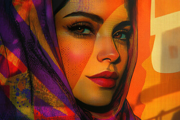 Poster - A stylized portrait of a woman wearing a vibrant patterned headscarf, bathed in warm, orange light.
