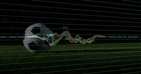 Poster - Animation of fluctuating financial graph lines overlaying soccer ball on grass