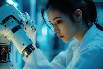Poster - A young female scientist intently observes a robotic arm, showcasing technological advancement and human-machine collaboration.