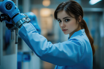 Poster - A young woman in a blue lab coat operates a robotic arm in a futuristic industrial setting.