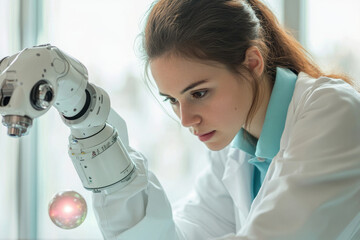 Poster - A female scientist meticulously examines a robotic arm, possibly conducting research or development in a lab setting.