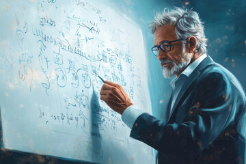 Poster - An elderly, bespectacled scientist meticulously writes complex equations on a whiteboard, deeply engrossed in his work.