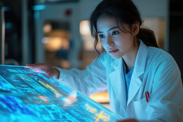 Aufkleber - A female scientist examines complex data on a futuristic holographic display, engrossed in her research.