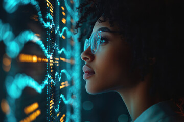 Poster - A woman intently studies a screen displaying dynamic data streams, illuminated by vibrant blue and gold hues.